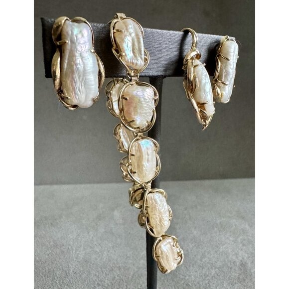 Vintage BAROQUE PEARL SET - Earrings Pendant Bracelet in 14K GOLD Luminous Keshi - Picture 3 of 11